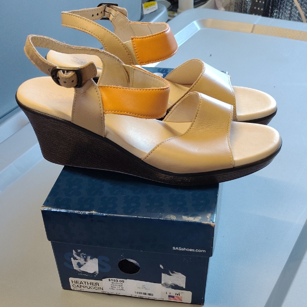 SAS Tan and Orange Wedge Sandals